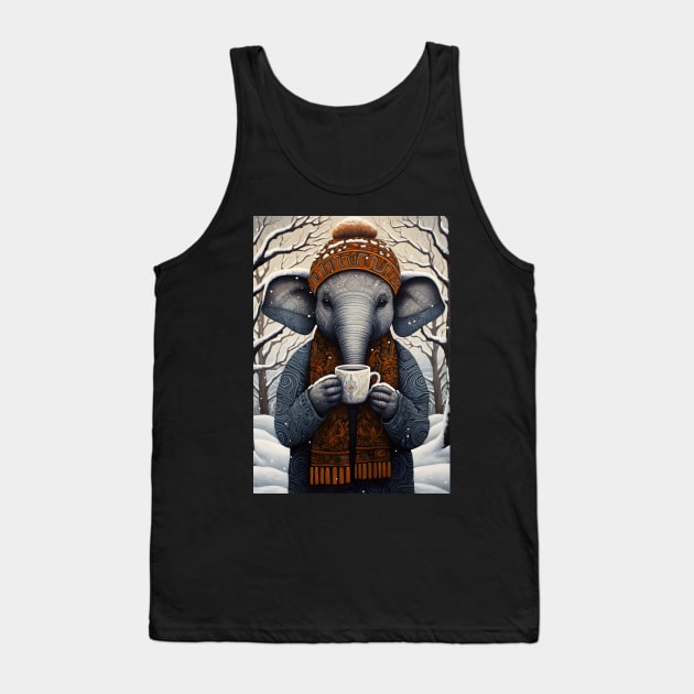 Elephant in Hat Funny Christmas Coffee Lover Gift Tank Top by Ai Wanderer